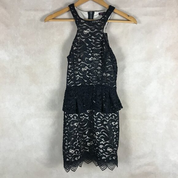 Material Girl Black/Tan Peplum Lace Bodycon Dress NWT XS - Picture 7 of 7